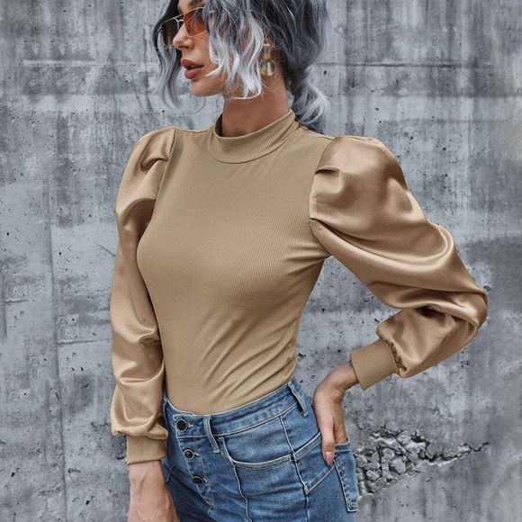 Boho Pink Ribbed long sleeve puff top Satin Minimalist - Picture 5 of 13